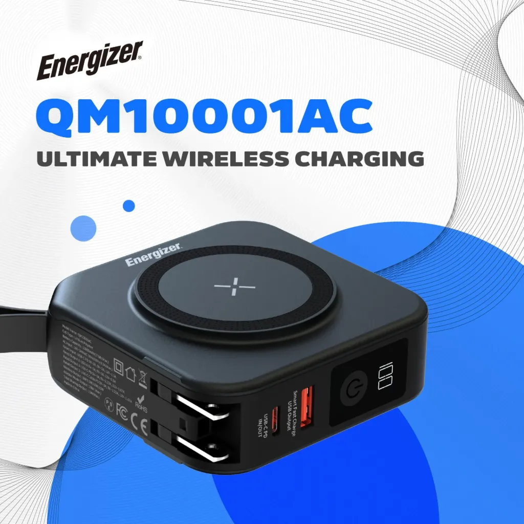 Energizer 10000 Magnetic Wireless Power Bank with 20W PD, Built-in AC Plug & 4 Outputs