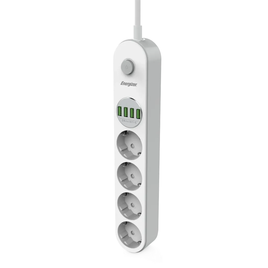 Energizer Power strip 4 AC Outlets + 4 USB Ports with Surge Protection & 2M Cable