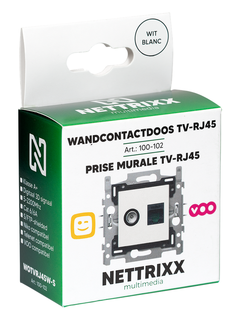 [100-102] WOTVRJ45W-S Wanddoos TV-RJ45, Cat6A afgesch.Telenet VOO/Orange, Niko, CPwit shop