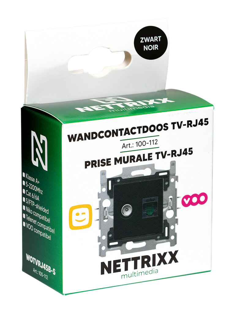 [100-112] WOTVRJ45B-S Wanddoos TV-RJ45, Cat6A afgesch.Telenet VOO/Orange, Niko, CPzwart shop