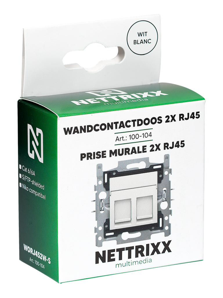 [100-104] WORJ452W-S Wanddoos 2x RJ45, Cat6A afgeschermd, Niko geschikt CP wit Shop