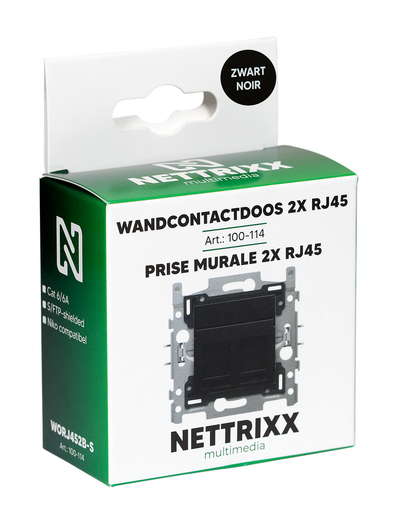 [100-114] WORJ452B-S Wanddoos 2x RJ45, Cat6A afgeschermd, Niko geschiktCP zwart Shop