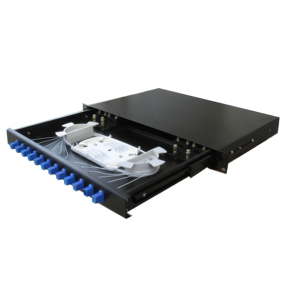 [700-022] FIBERDISTRIBOX19U1 Fiber 19"verdeelbox, SC/LC/ST en FC-comp., max. 48 faansl., sliding rail, 2 splicing cassettes incl.