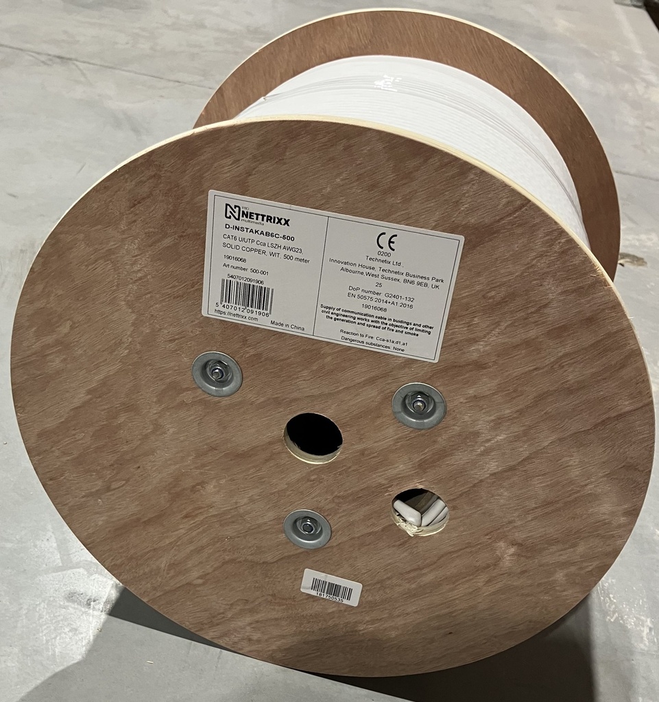 [500-001] CAT6 U/UTP Cca LSZH AWG23, solid copper, wit, bobijn 500m